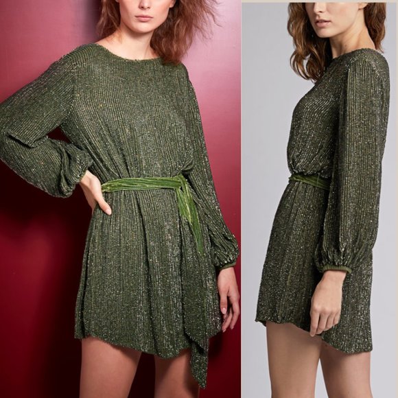 Retrofete Grace Mini Dress Small Army Green Sequins Self-tie Belt Back Keyhole - Picture 2 of 12